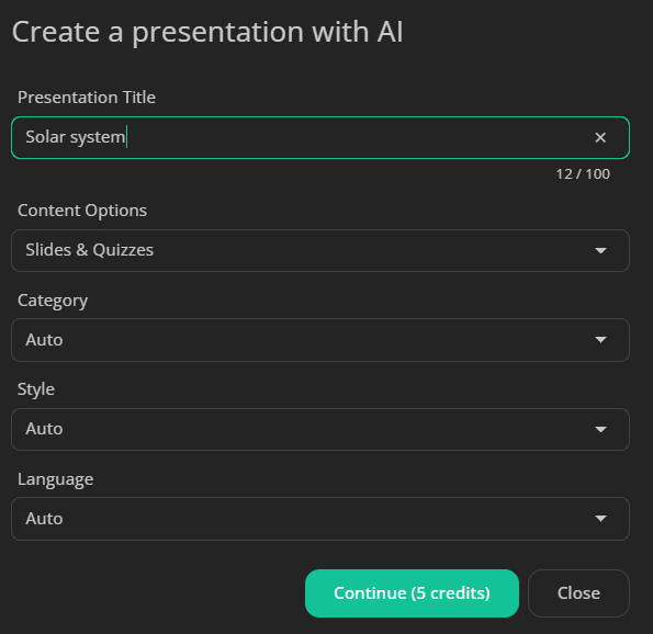 Create a presentation with AI dialog